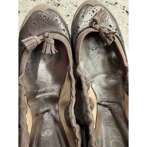 Tod's Women's Size 36.5 (US 6.5) Metallic Taupe Suede Tassel Driving Flats - Picture 9 of 13